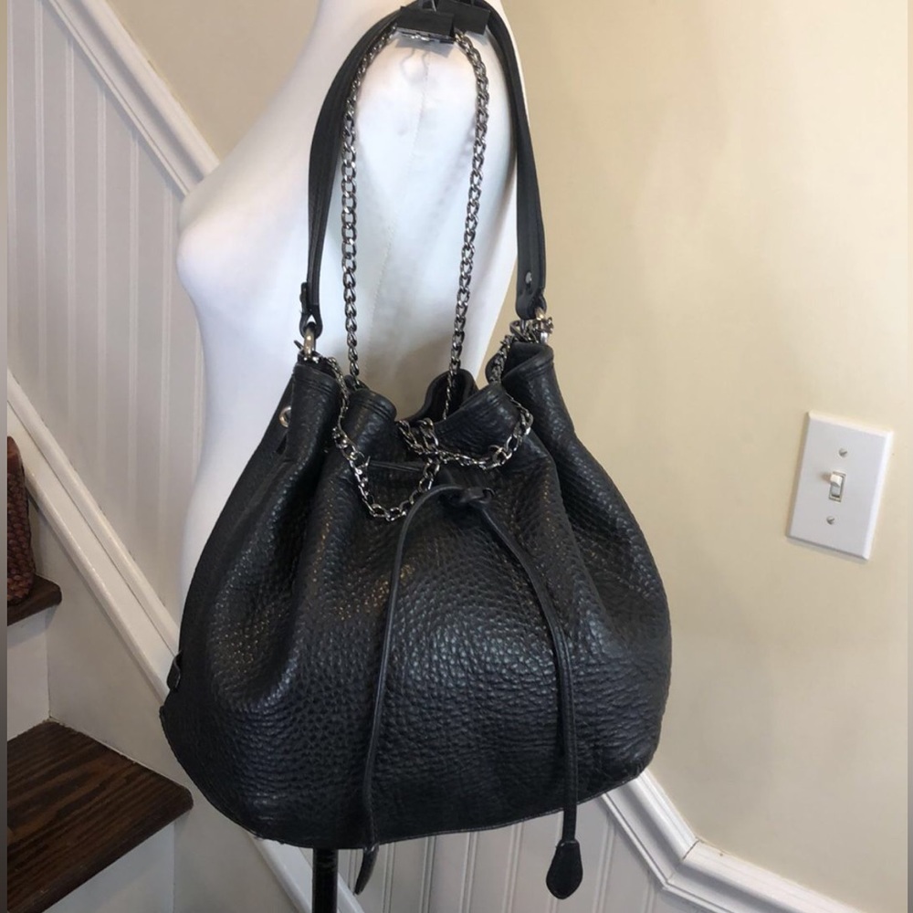 COLE HAAN Black Tumbled Leather Bucket Bag Top Handle & Crossbody Strap